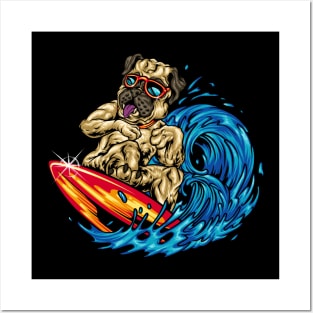 Funny Surfing Pug Riding an Ocean Wave Dog Surfboard Posters and Art